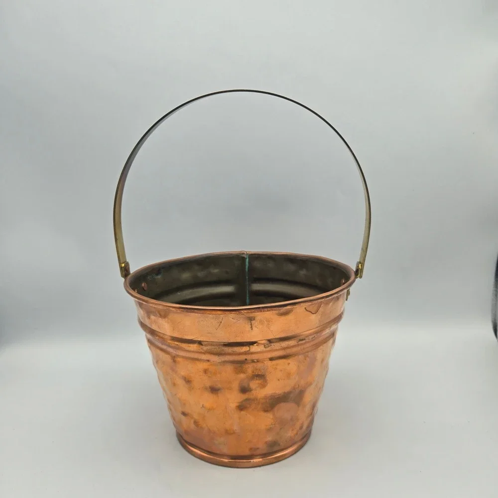 Vintage Artisan Made Hammered Copper Bucket Pail Brass‎ Handle Signed CH 1991